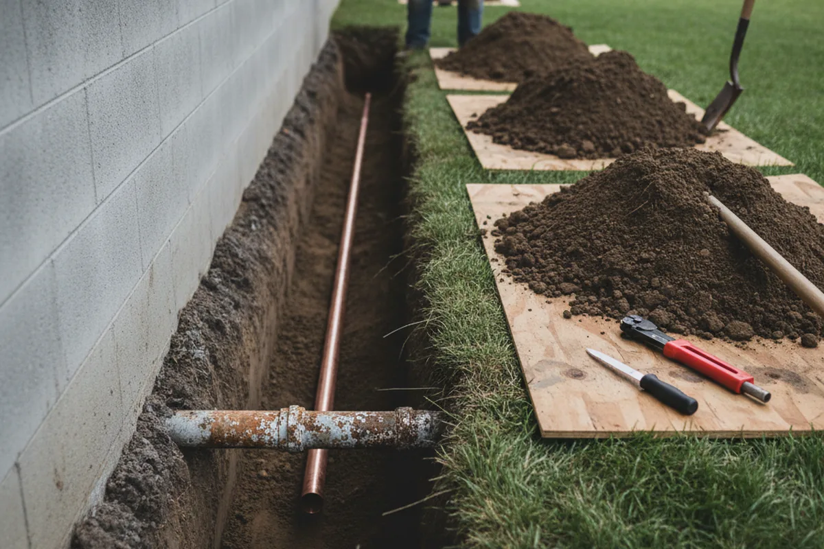 Excavated water line trench during Sewer Line Repair in Proctor
